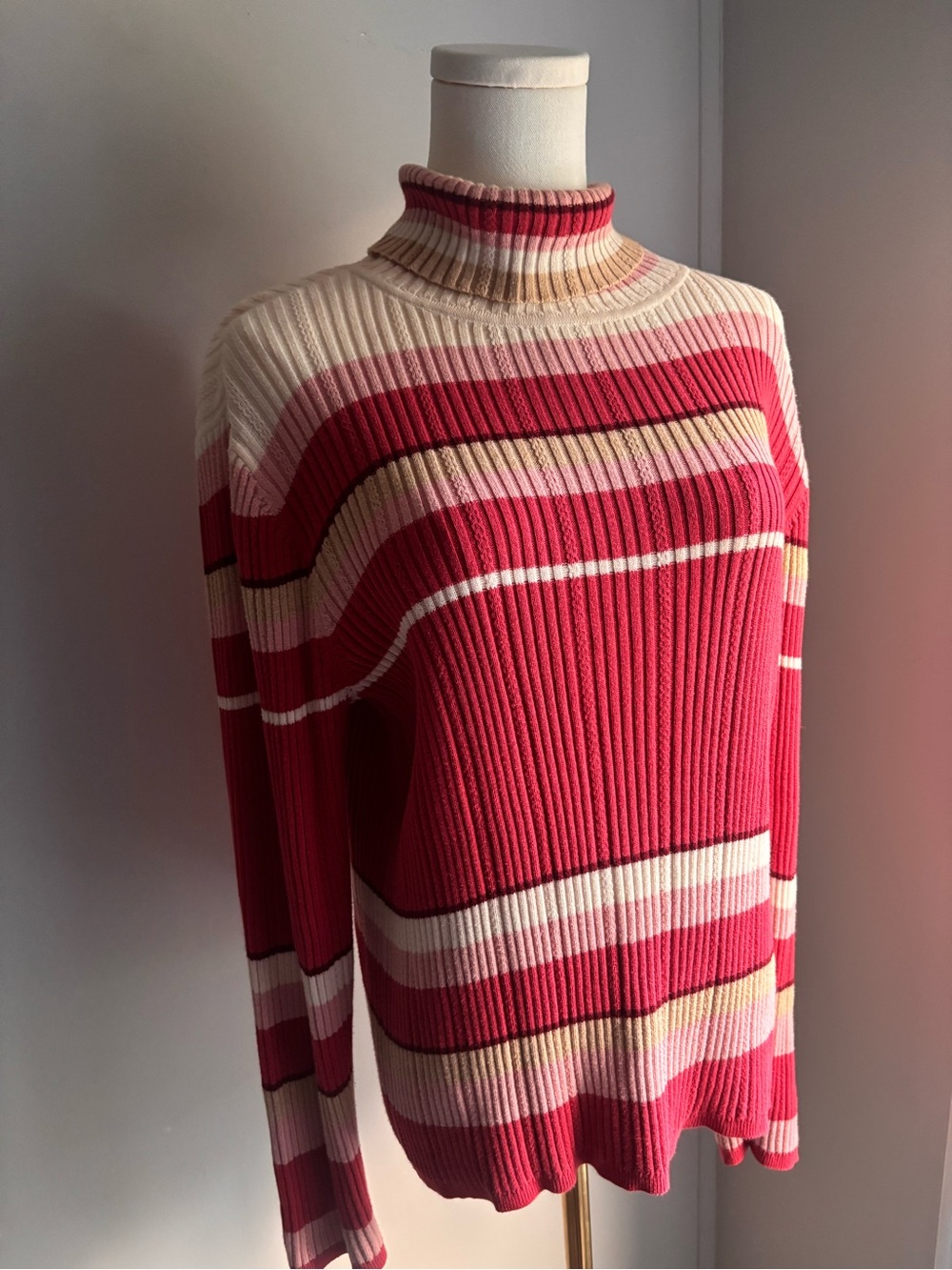 Liz Claiborne Ribbed Striped Turtleneck Sweater in Pink, Cream & Yellow